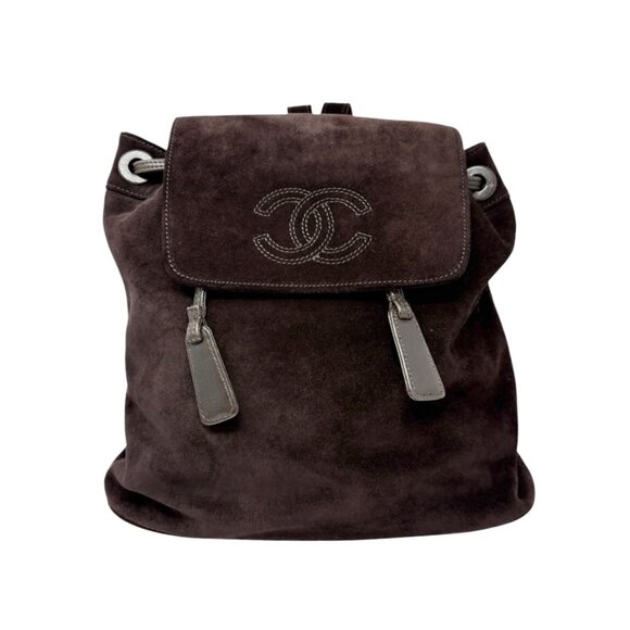 CHANEL Vintage CC Logo Suede Drawstring Flap Backpack Bag Stitch Brown [106223] - Picture 5 of 15